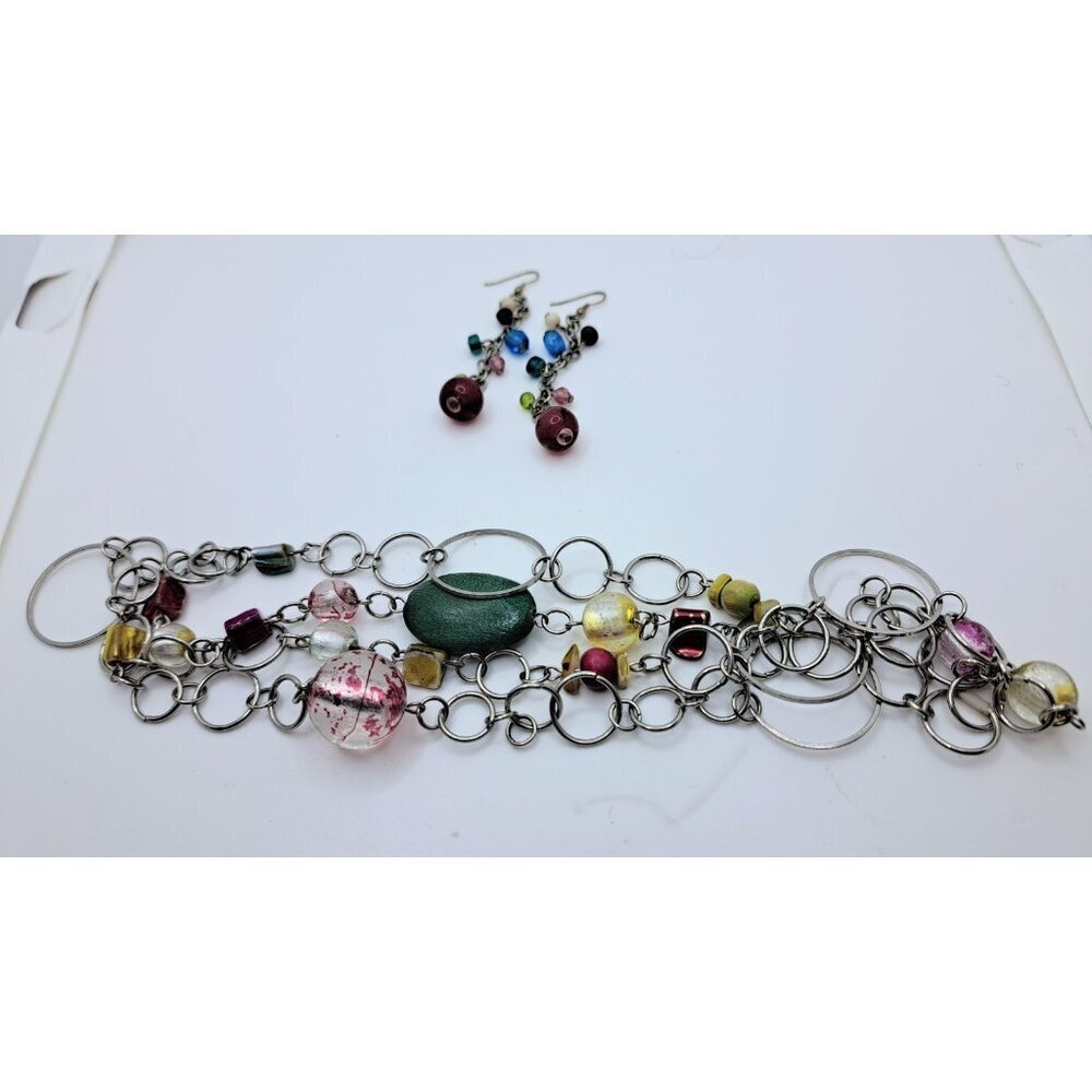 Women's Nautical Bead Necklace & Earrings Multicolor‎ & Silver Tone Pink Green